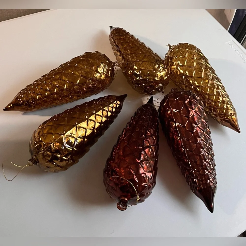 ▪️6 VINTAGE LARGE BLOWN BRONCE AMBER GLASS ORNAMENT PINE CONE